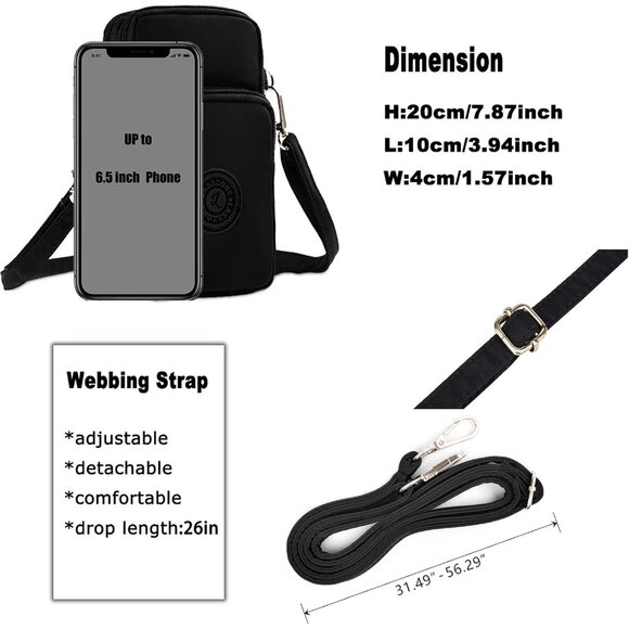 Women's Black Small Crossbody Waterproof Nylon Purses Mini Shoulder Travel Bag - Picture 4 of 9